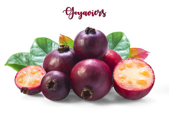 Little purple berries called ‘’Goyaviers’’, also chinese guavas (from Brazil) with leaves...