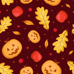 Vector seamless Halloween pattern with scary pumpkins, oak leaves and apples. Halloween design for greeting card, gift box, wallpaper, fabric, web design.