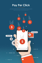  Pay Per Click internet marketing concept - flat vector illustration. PPC advertising and conversion. 