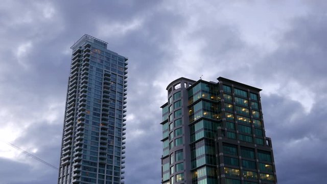 Motion of modern business building at night in Burnaby BC Canada with 4k resolution