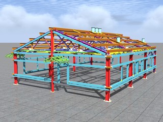 3D BIM model. Building Information Model of metal structure. 3D rendering. The model of a classical building with a pitched roof is made according to the latest design technologies.
