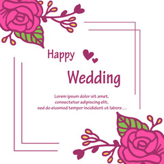 Design of card happy wedding, pink floral pattern, seamless frame. Vector