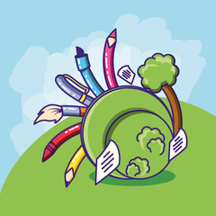 set pencils with paint brush in landscape nature