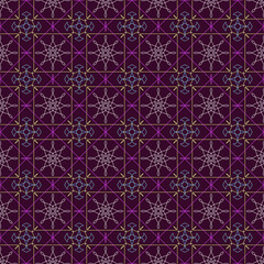 Geometric, abstract seamless pattern: thin white, blue, pink lines intersect on a dark Burgundy background