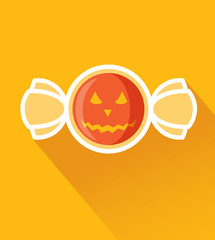 Halloween Candy with Jack O'Latern Pumpkin Flat Design Icon. Concept of Trick or Treat with Sweet Bitter Taste