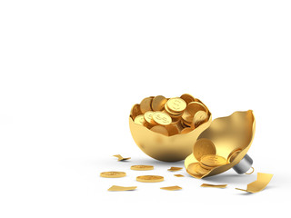 Broken golden Christmas ball full of coins on white with space for text. 3D illustration