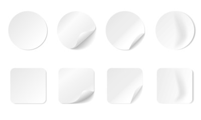 Blank round and square adhesive stickers mock up with curved corner. Mockup empty sticky label or price tags. Realistic textures. Transparent shadows