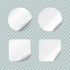Blank round and square adhesive stickers mock up with curved corner. Sticky label or  price tags isolated on transparent background. Realistic textures. 