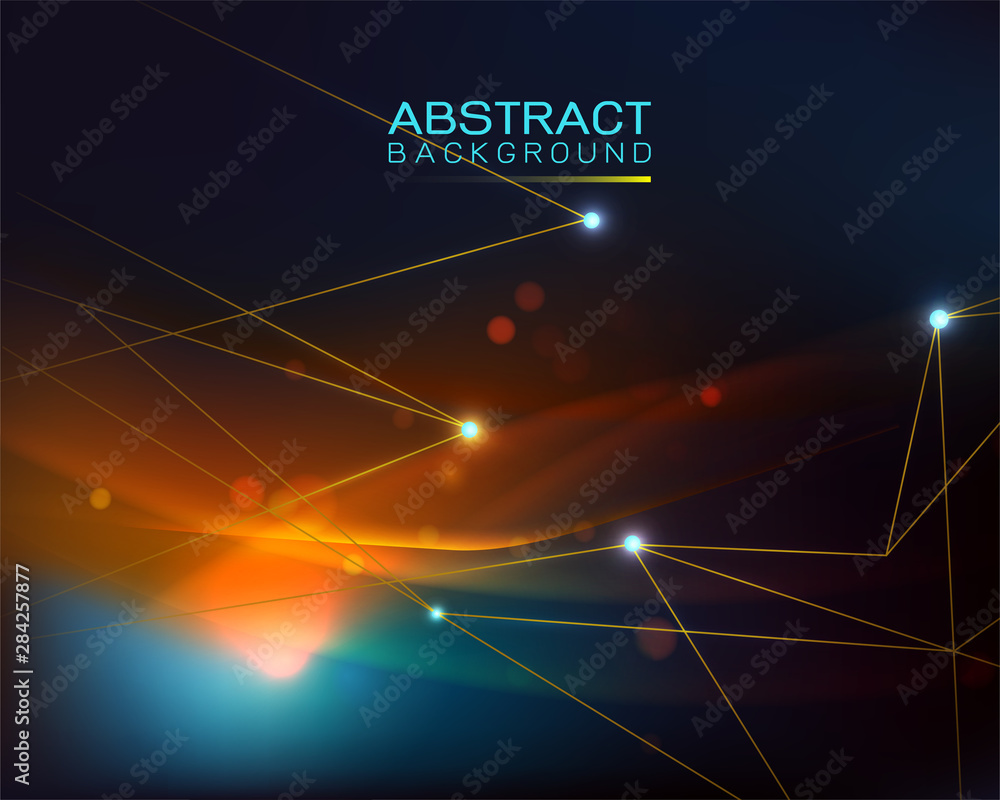 Poster vector blurred glowing light curves and mesh pattern in dark background. abstract shiny technology c