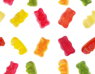 Seamless pattern of isolated colorful gummy bears for textile