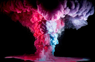 Paint drops from above mixing in water. Ink swirling underwater. Red and blue colors