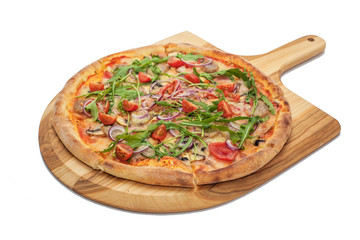 Food service concept - wooden board with pizza on a white background.