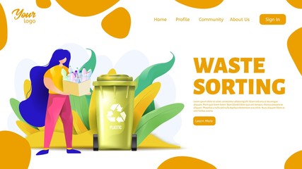Waste sorting webpage template. Vector illustration showing woman throwing plastic wastes in recycling bin.