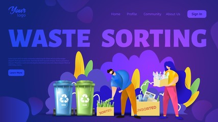 Man and woman separating paper and glass wastes. Waste sorting landing page template. Couple sorting trash.