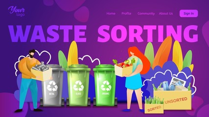 Waste sorting webpage template. Couple of man and woman separating metal, organic and glass wastes.