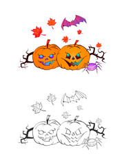Halloween illustration with smiling Pumpkins, bat and spider on a white background. Page of coloring book.