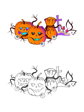 Halloween illustration with smiling Pumpkins,eyes and grave on a white background. Page of coloring book.
