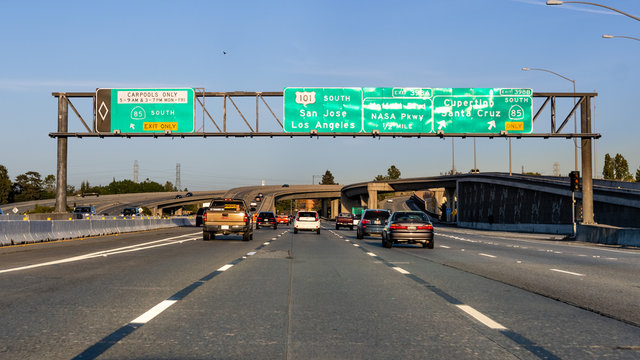 June 8, 2019 Mountain View / CA / USA - Driving south towards San Jose on the freeway in San Francisco bay area at sunset;