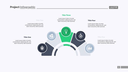Process chart with five elements. Step diagram, pie chart, layout. Creative concept for infographics, presentation, project, report. Can be used for topics like management, strategy, planning.