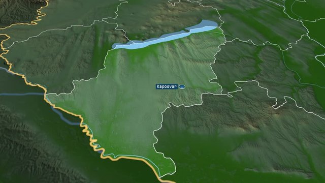Somogy - county of Hungary with its capital zoomed on the physical map of the globe. Animation 3D