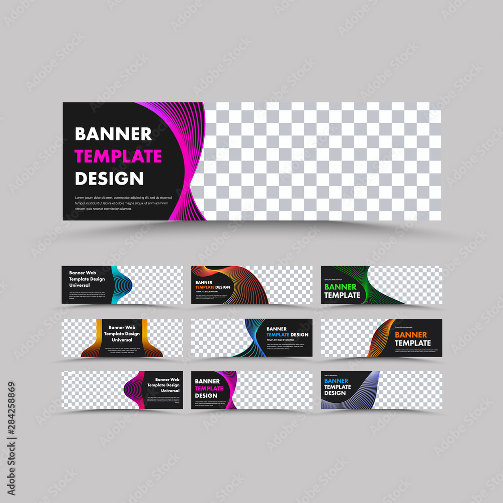 Poster Set of horizontal black vector web banners with place for photo and abstract color lines.
