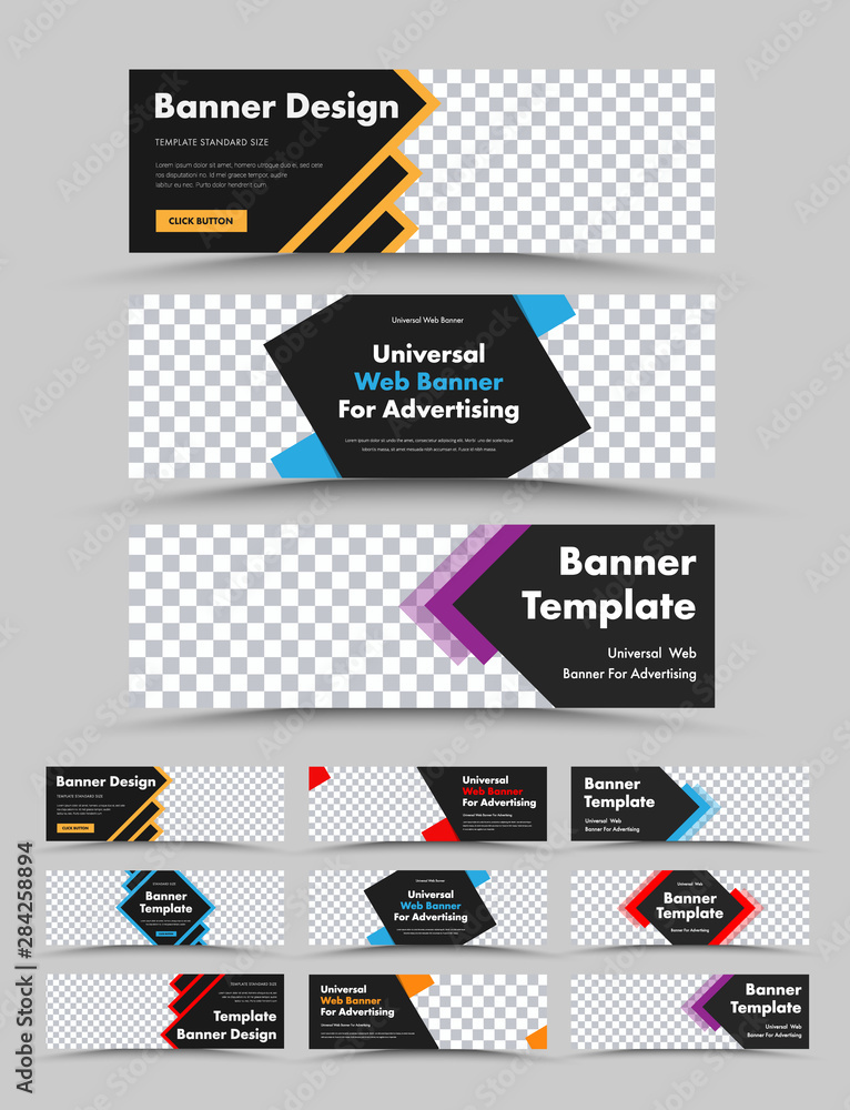 Poster set of horizontal black vector web banners with colored arrows, lines and rhombuses.