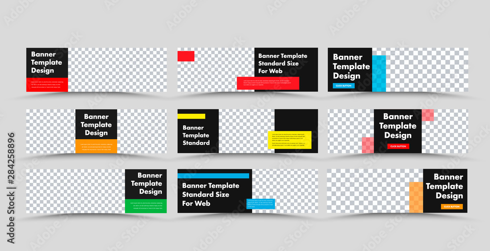 Aufkleber Horizontal black vector web banner templates with colored rectangular for text and place for photo.