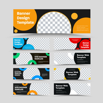 Horizontal black vector web banner templates with place for photo and round color elements.