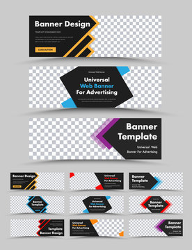 Set of horizontal black vector web banners with colored arrows, lines and rhombuses.