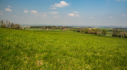 springtime rural scenery with meadows, fields, forest and dispersed settlement