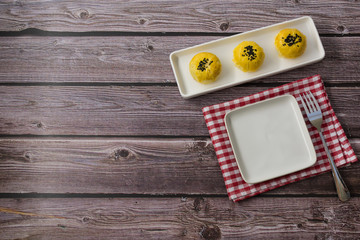 Chinese traditional baked gourmet pastry wood table copy space top view