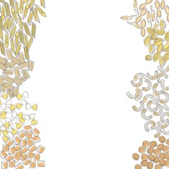Different types of dry Italian pasta. Vector background. Sketch  illustration.