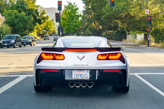 June 16, 2019 Mountain View / CA / USA - Chevy Corvette sports car driving on the streets of Silicon Valley