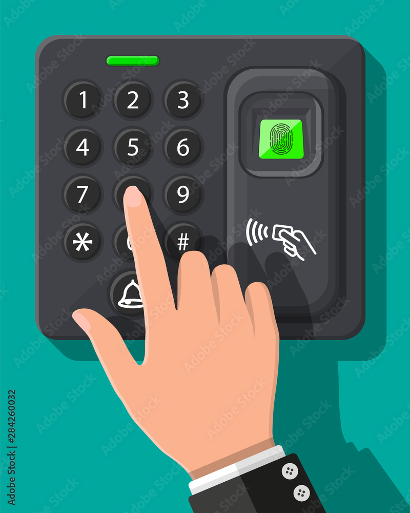 Poster password and fingerprint security device at office or home door. access control machine or time the 