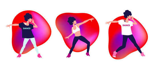 Woman dancing zumba in fitness studio vector illustration. Aerobic fitness. 