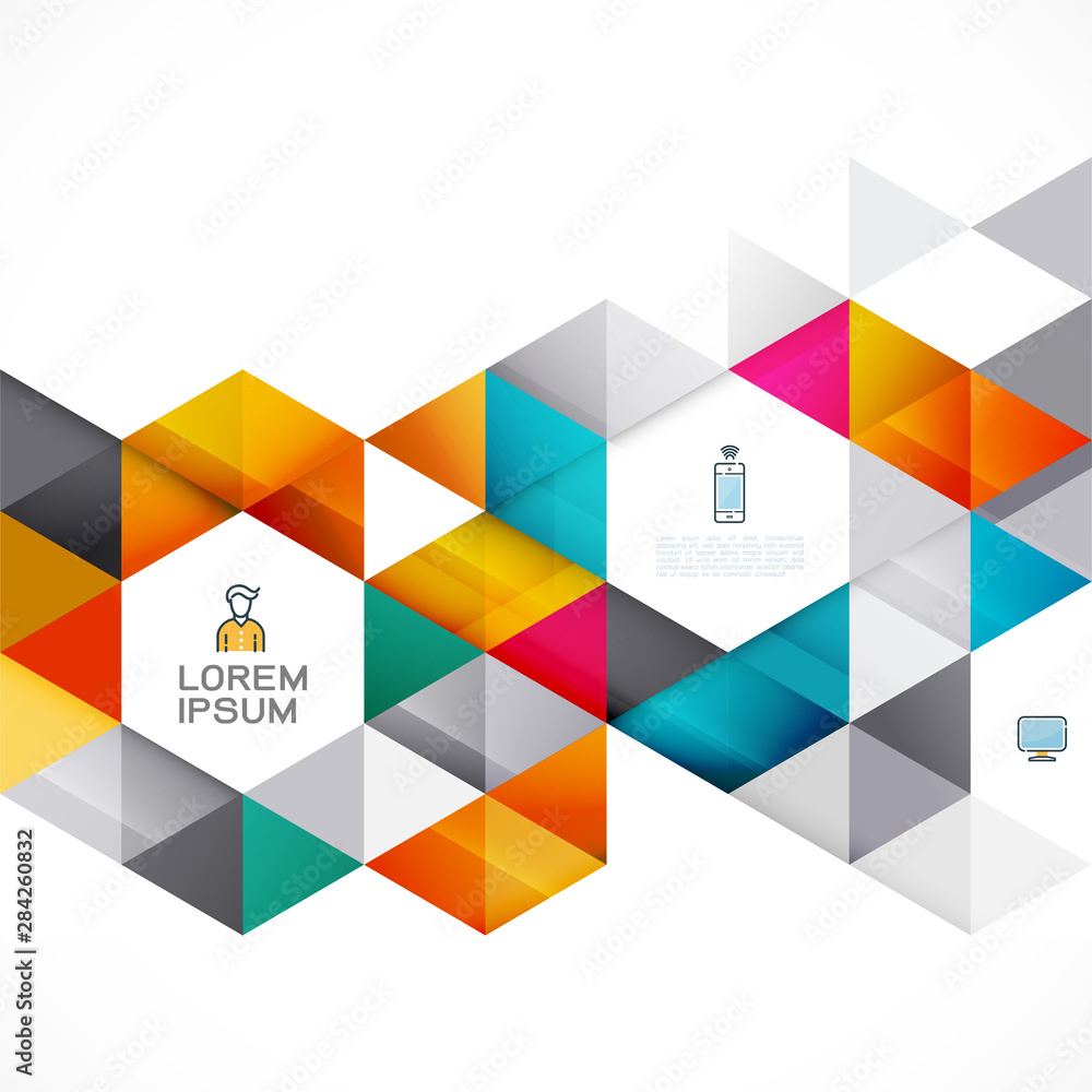 Poster abstract colorful geometric template on white and modern triangle overlapping with white hexagon spa