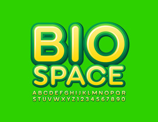 Vector colorful Poster Bio Space. Bright Yellow and Green Font. Modern Alphabet Letters and Numbers.
