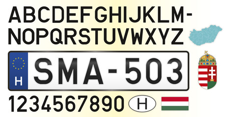 Hungary car license plate, letters, numbers and symbols, vector illustration, European Union
