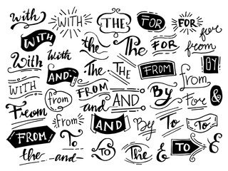 doodle ampersands, catchwords, calligraphy, ribbon. Hand drawn design elements set. words, With,from, by, for, to, the, and © Receh Lancar Jaya
