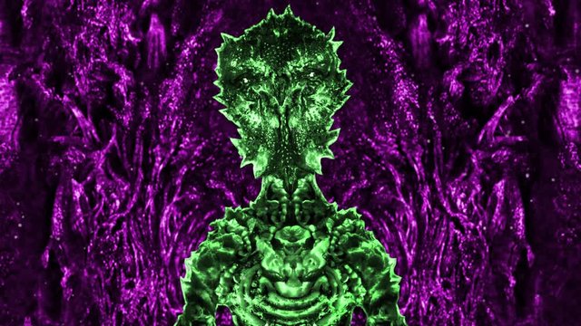Green martian astronaut sits inside alien spaceship cabin in bionic suit. Science fiction vj loop animation. Original invader character. Abstract purple background. Scary animated video clip backdrop.