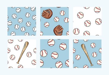 Collection of baseball seamless patterns. Cute doodles hand drawn baseballs background texture tiles set
