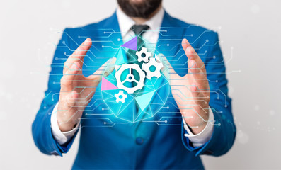 Male human wear formal work suit presenting presentation using smart device