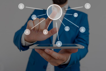 Male human wear formal work suit presenting presentation using smart device