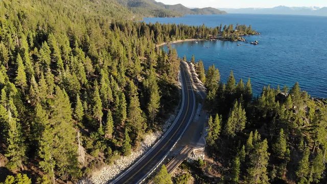Traffic Heading Towards Sand Harbor Lake Tahoe - Aerial Drone.