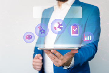 Male human wear formal work suit presenting presentation using smart device