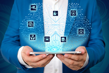 Male human wear formal work suit presenting presentation using smart device