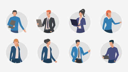 Business people making phone calls. Male and female customer support phone operators. Vector illustration for banner, brochure, commercial - obrazy, fototapety, plakaty