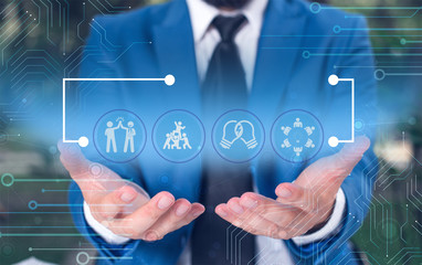 Male human wear formal work suit presenting presentation using smart device