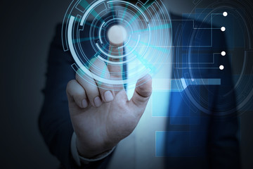 Male human wear formal work suit presenting presentation using smart device