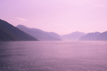 View of fjord at sunset.